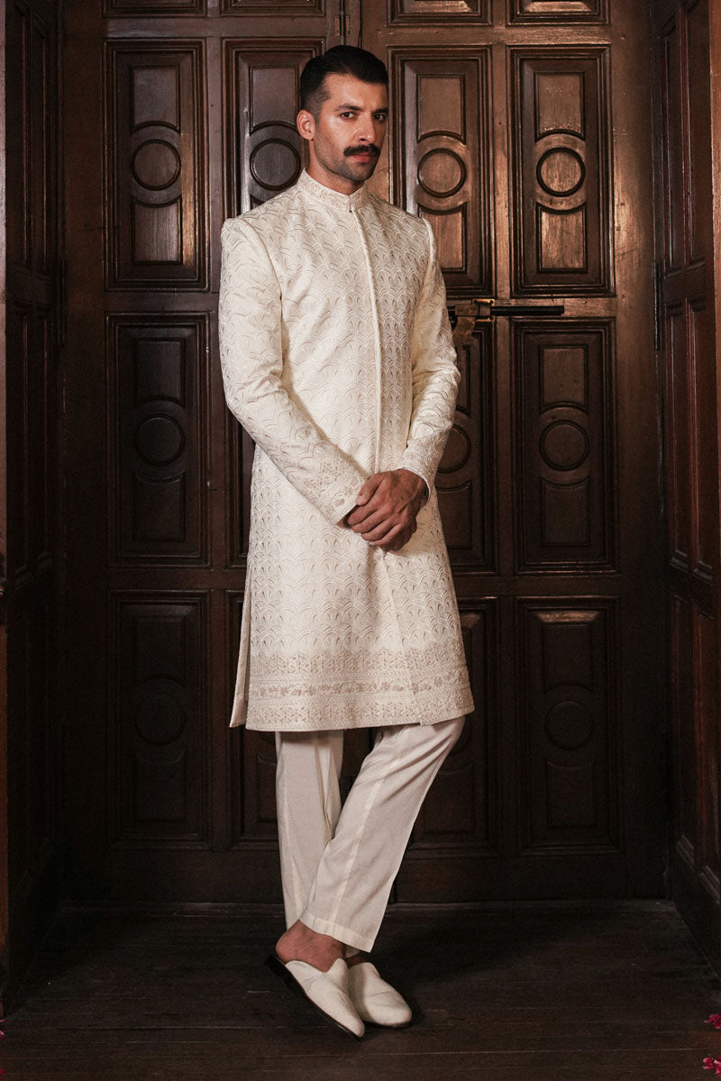 Pearl White Art Deco Jacquard Sherwani (3-Piece) - Image 2