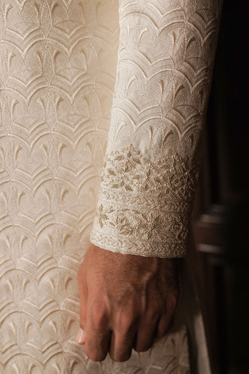 Pearl White Art Deco Jacquard Sherwani (3-Piece) - Image 3