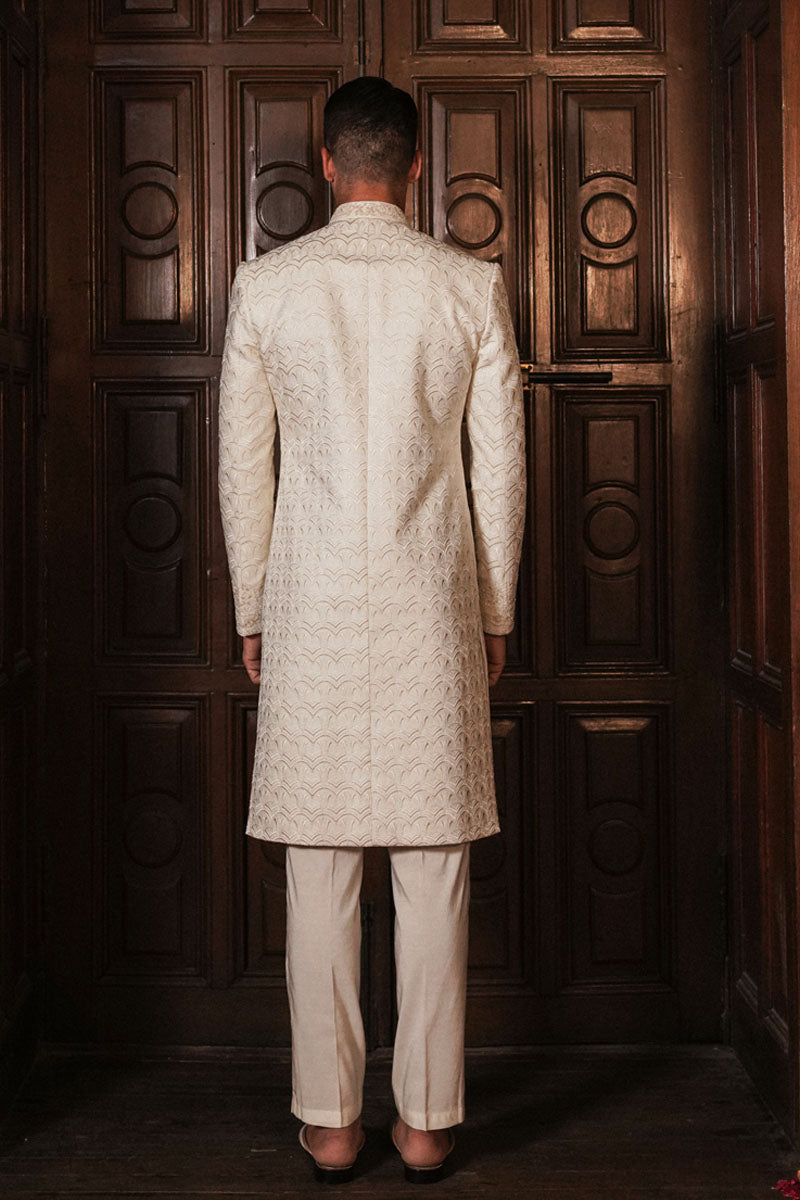 Pearl White Art Deco Jacquard Sherwani (3-Piece) - Image 4