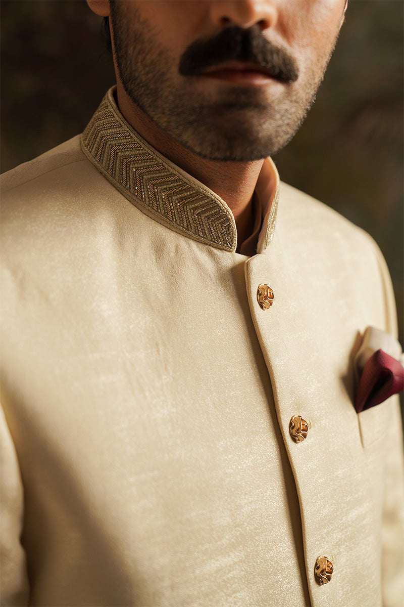 Pearl White Jacquard Achkan Sherwani (2-Piece) - Image 3
