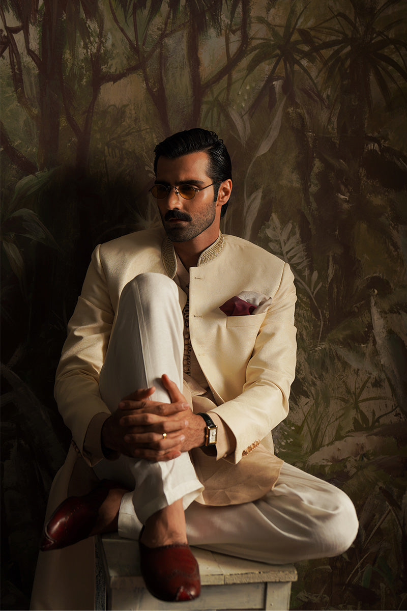 Pearl White Jacquard Achkan Sherwani (2-Piece) - Image 5