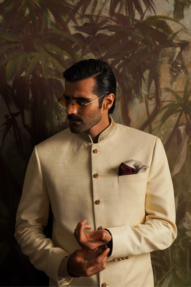 Pearl White Tilla Jacquard Sherwani (2-Piece) - Image 1