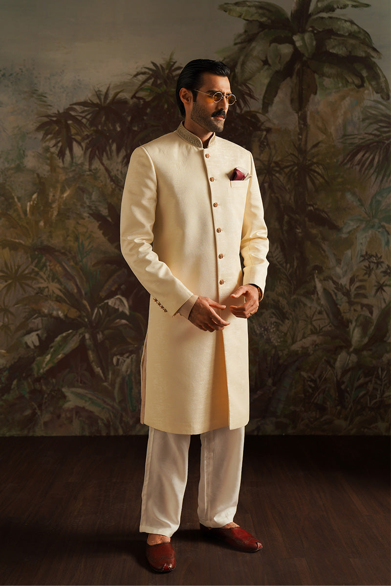 Pearl White Tilla Jacquard Sherwani (2-Piece) - Image 2