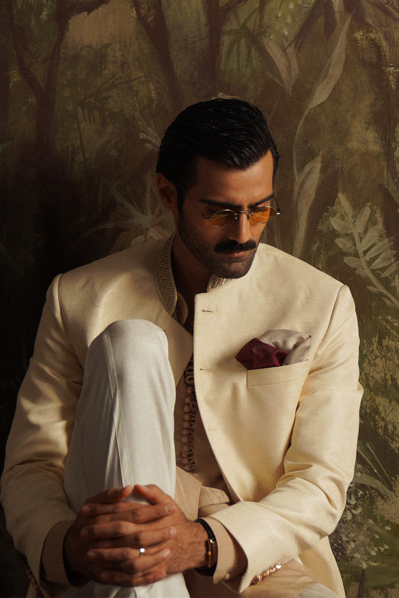 Pearl White Tilla Jacquard Sherwani (2-Piece) - Image 4