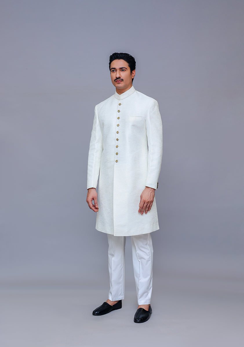Bright White Jamawar Achkan Sherwani (2-Piece) - Image 1