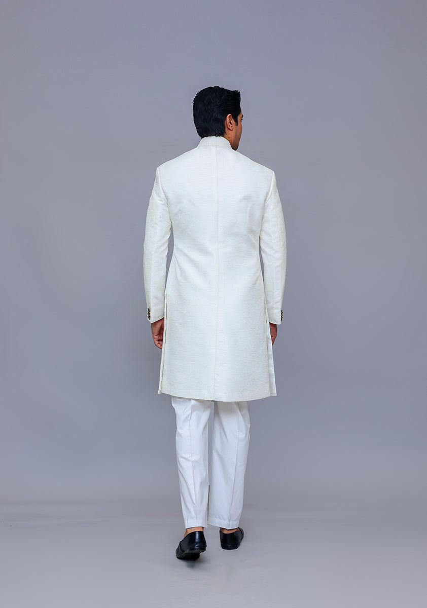Bright White Jamawar Achkan Sherwani (2-Piece) - Image 2