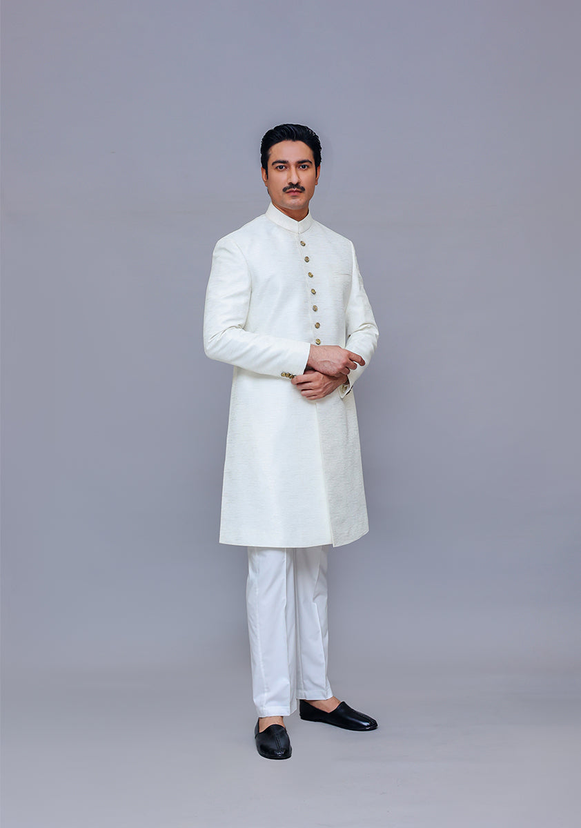 Bright White Jamawar Achkan Sherwani (2-Piece) - Image 3