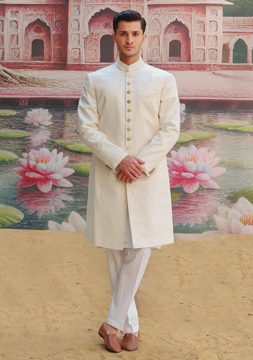 Antique White Karandi Jamawar Sherwani (2-Piece) - Image 1