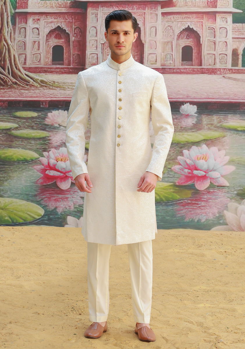 Antique White Karandi Jamawar Sherwani (2-Piece) - Image 2