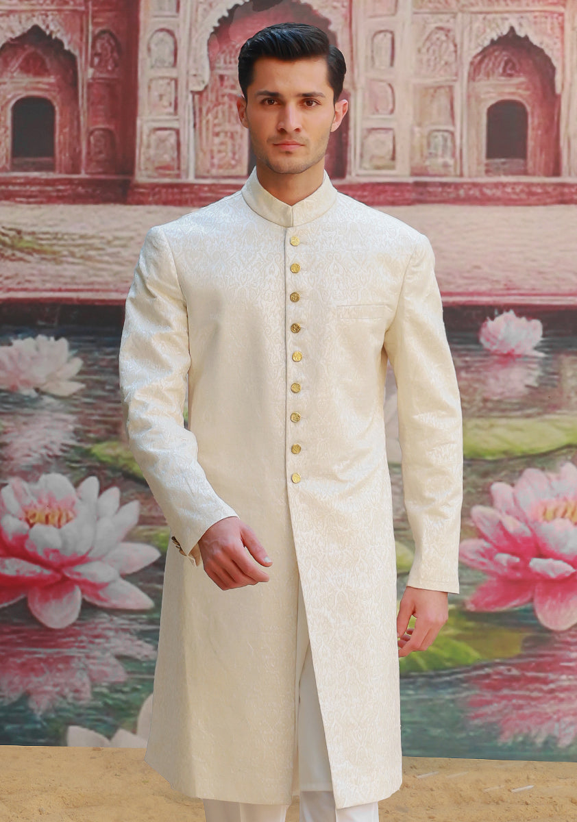 Antique White Karandi Jamawar Sherwani (2-Piece) - Image 3