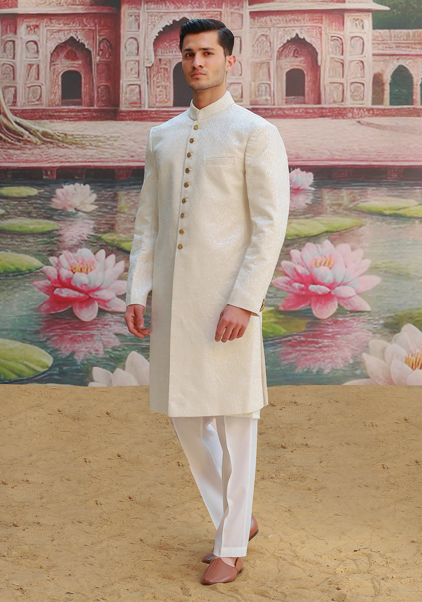 Antique White Karandi Jamawar Sherwani (2-Piece) - Image 4