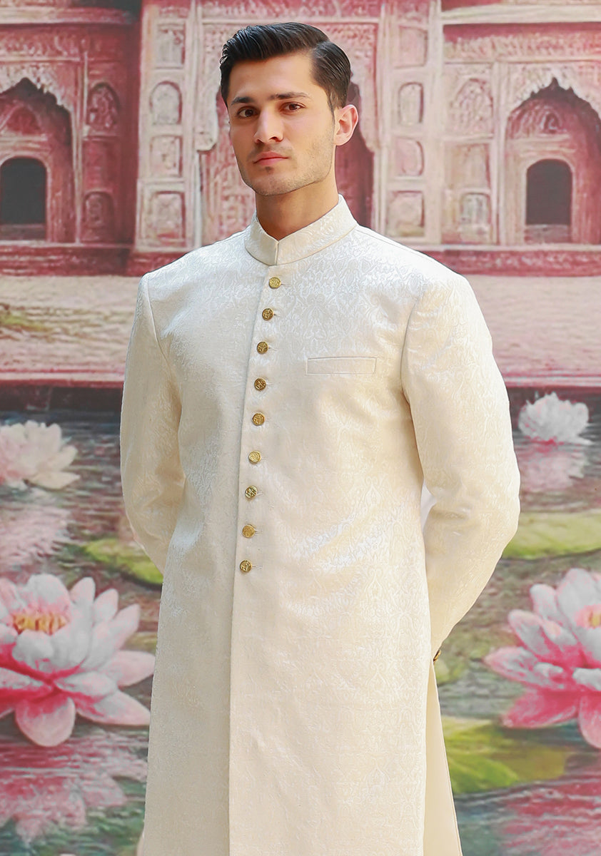 Antique White Karandi Jamawar Sherwani (2-Piece) - Image 5