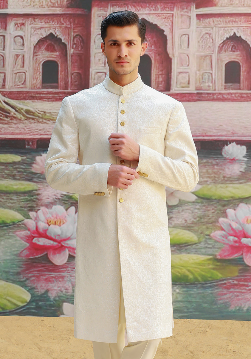 Antique White Karandi Jamawar Sherwani (2-Piece) - Image 6
