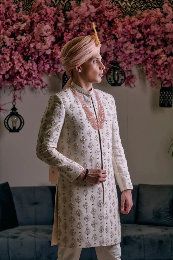 White Metallic Motif Silk-Blend Achkan Sherwani (2-Piece) - Image 2