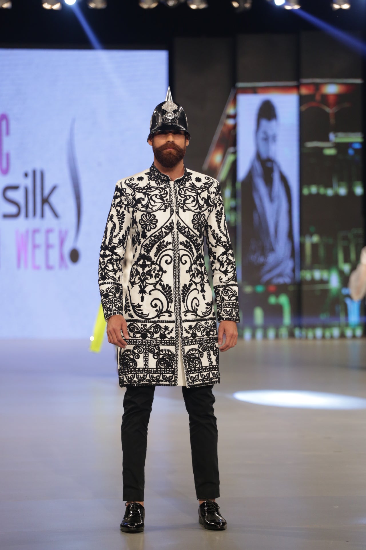 White Black Embroidered Silk-Blend Achkan Sherwani (2-Piece) - Image 1