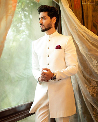 White Suiting Fabric Achkan Sherwani (2-Piece) - Image 1