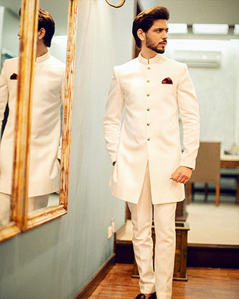 White Suiting Fabric Achkan Sherwani (2-Piece) - Image 2