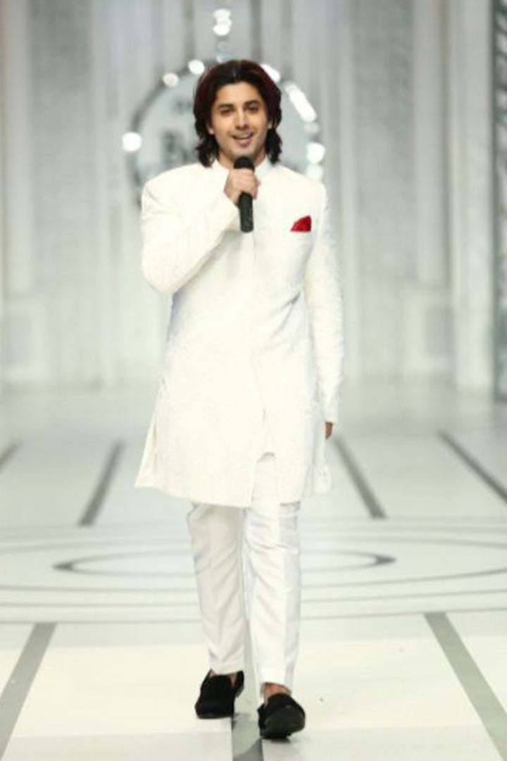 White Textured Silk-Blend Achkan Sherwani (2-Piece) - Image 2