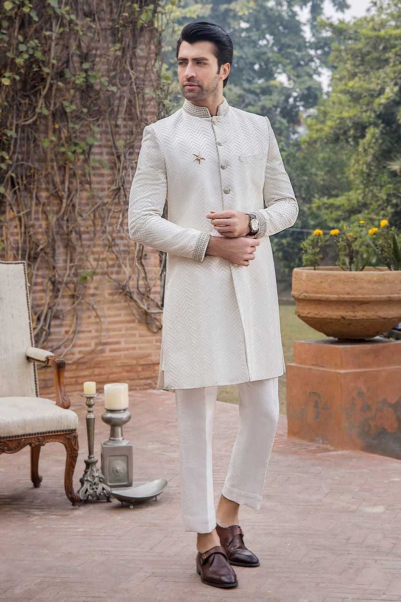 Pearl White French Knot Pure Silk Sherwani (2-Piece) - Image 1