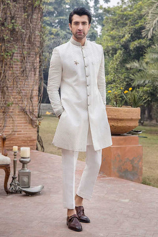 Pearl White French Knot Pure Silk Sherwani (2-Piece) - Image 3