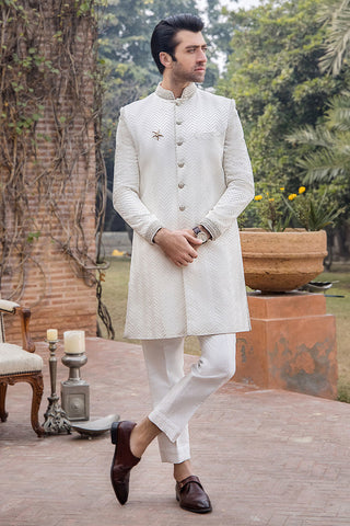 Pearl White French Knot Pure Silk Sherwani (2-Piece) - Image 4