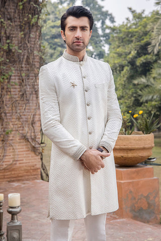 Pearl White French Knot Pure Silk Sherwani (2-Piece) - Image 5