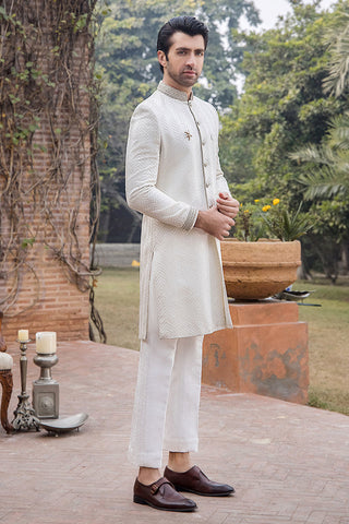 Pearl White French Knot Pure Silk Sherwani (2-Piece) - Image 6