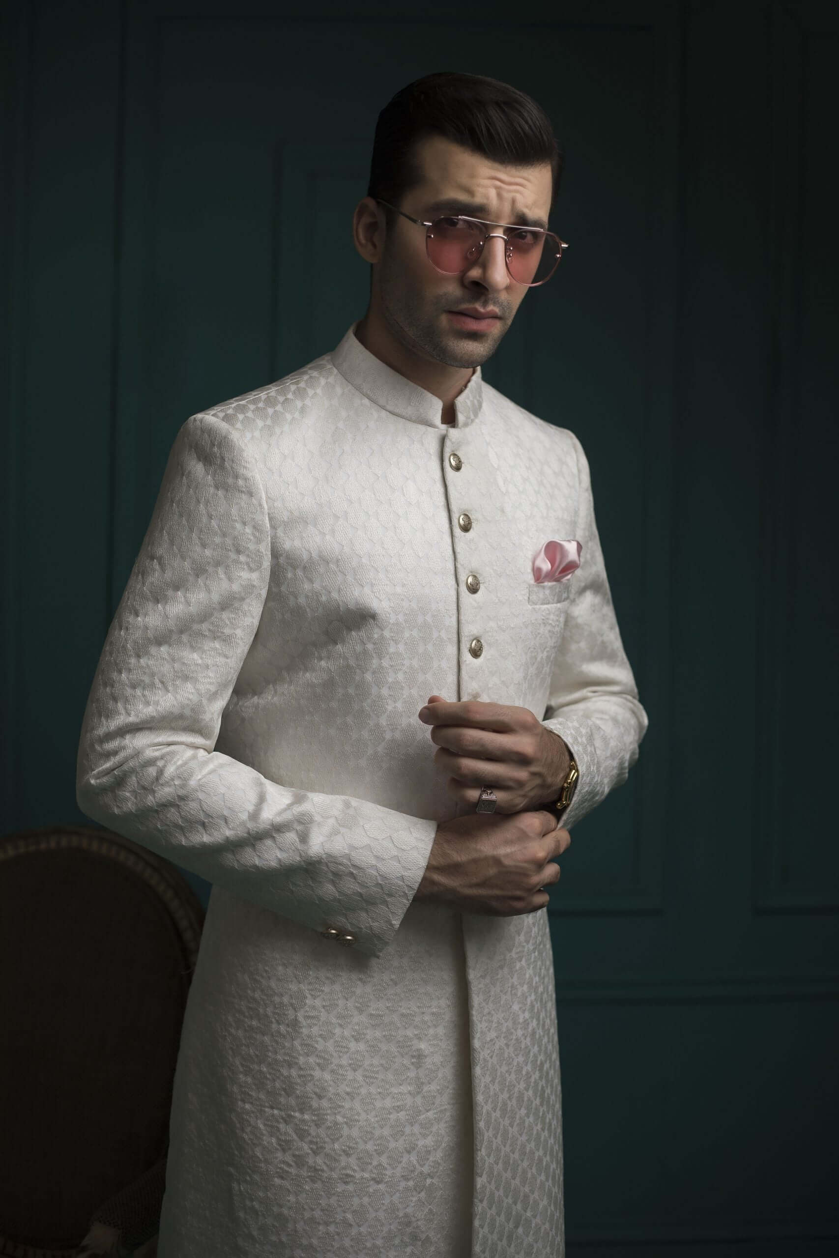 White Self-Embossed Silk Sherwani Set (4-Piece) - Image 3