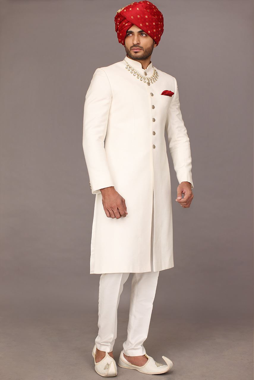 White Suiting Fabric Sherwani with Metallic Buttons (2-Piece) - Image 1