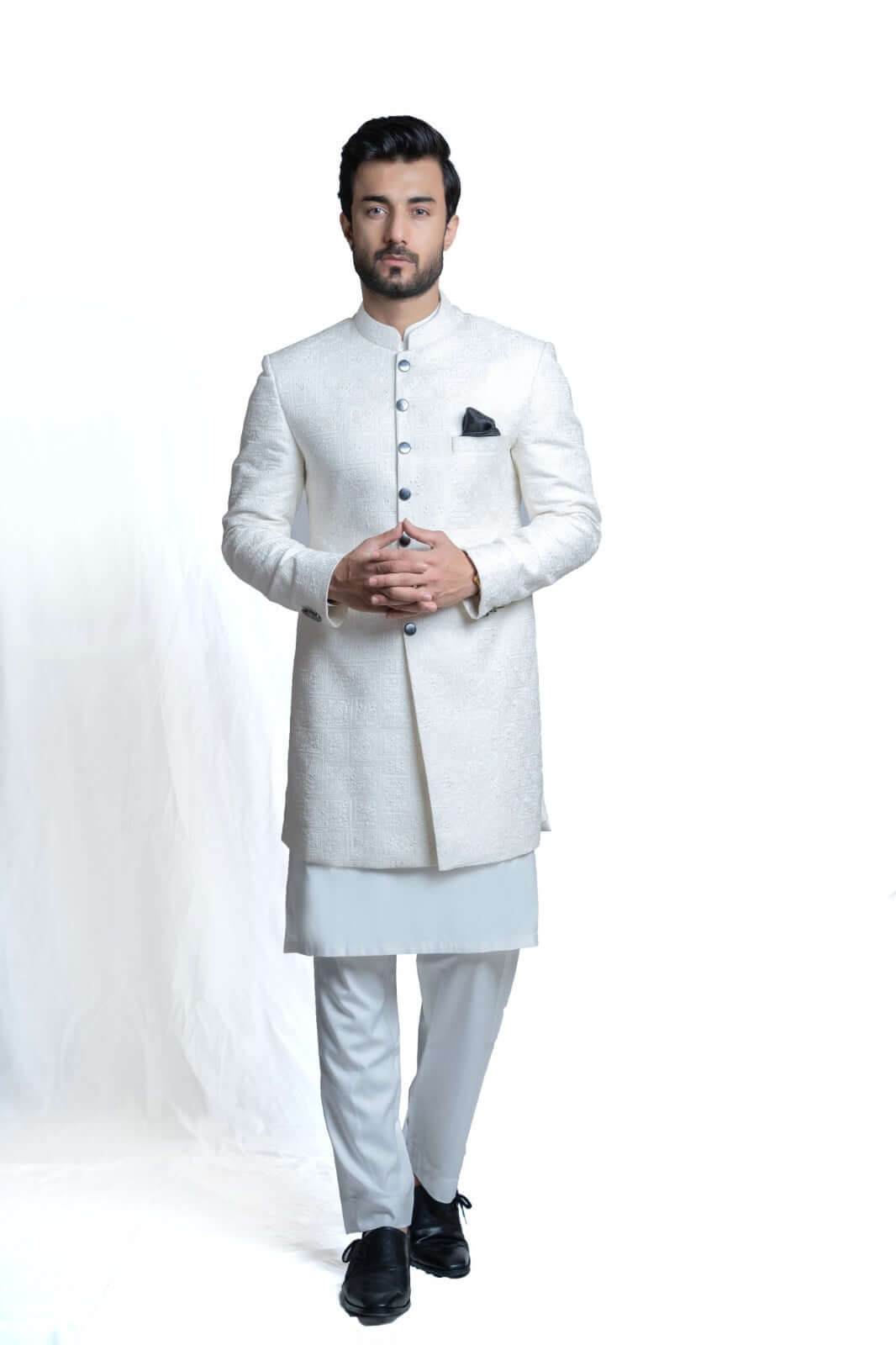 White Embroidered Suiting Fabric Achkan Sherwani (3-Piece) - Image 1