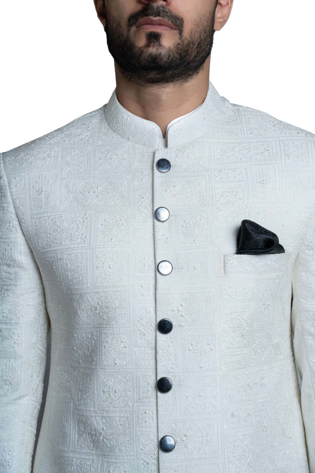White Embroidered Suiting Fabric Achkan Sherwani (3-Piece) - Image 2