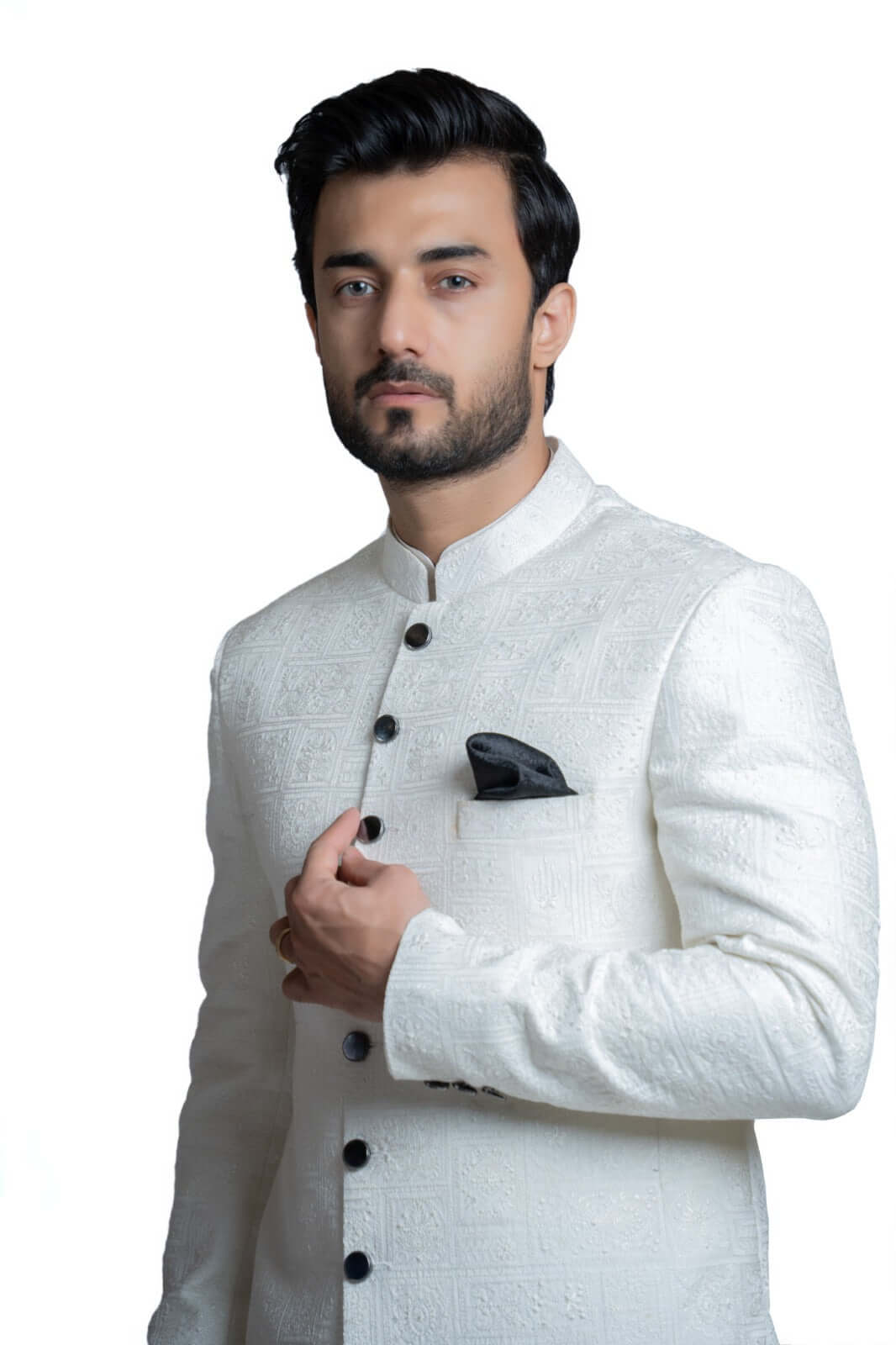 White Embroidered Suiting Fabric Achkan Sherwani (3-Piece) - Image 3