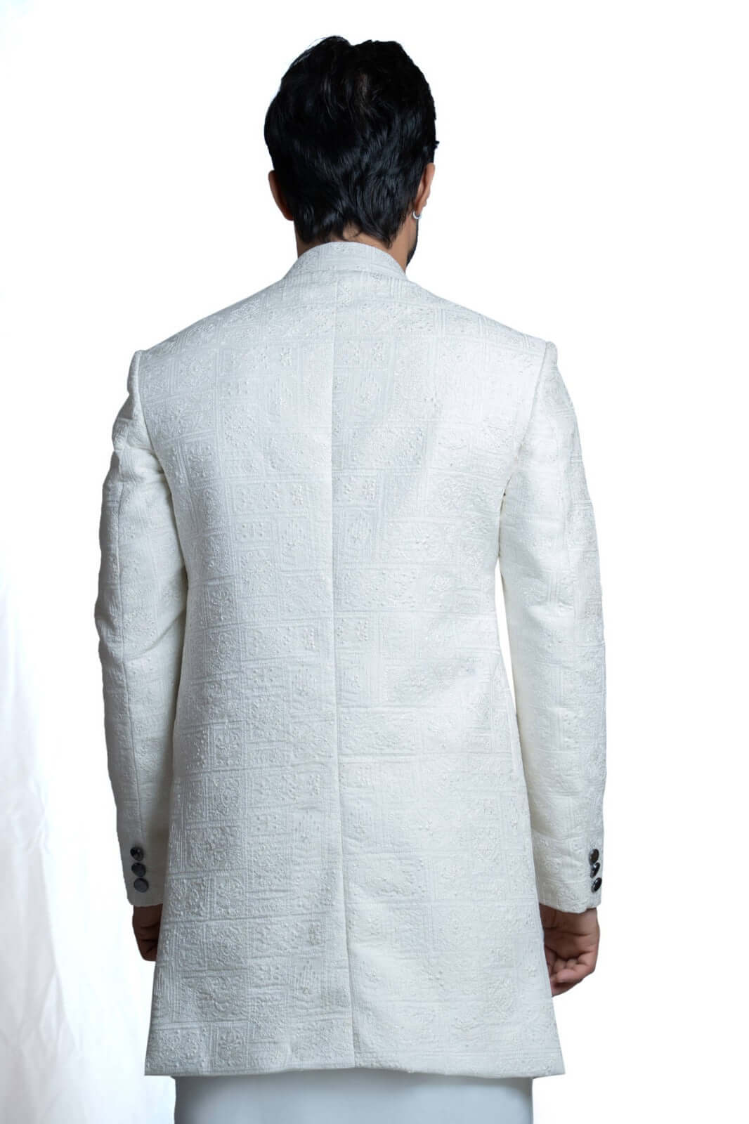 White Embroidered Suiting Fabric Achkan Sherwani (3-Piece) - Image 4