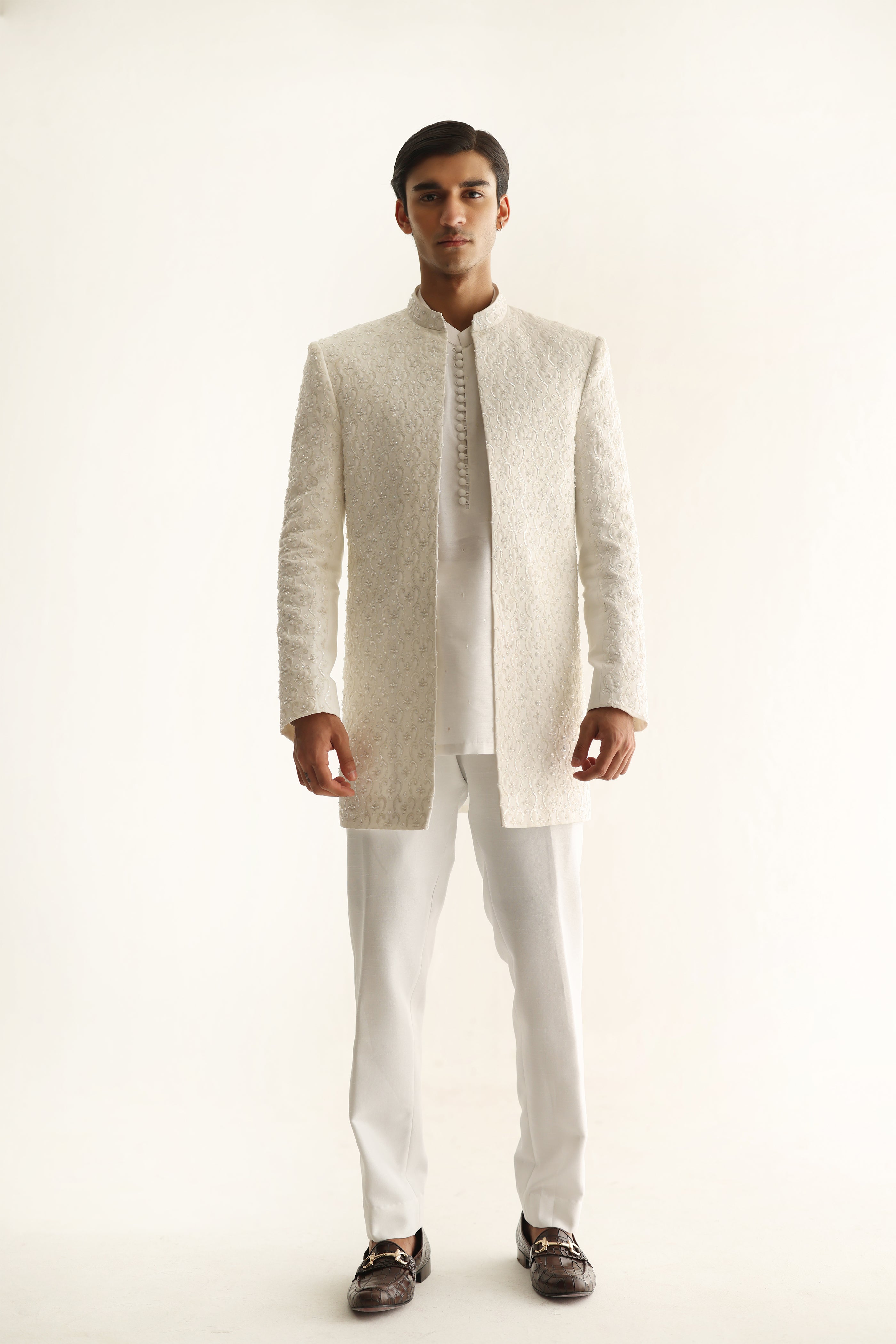 White Embossed Achkan Sherwani (2-Piece) - Image 3
