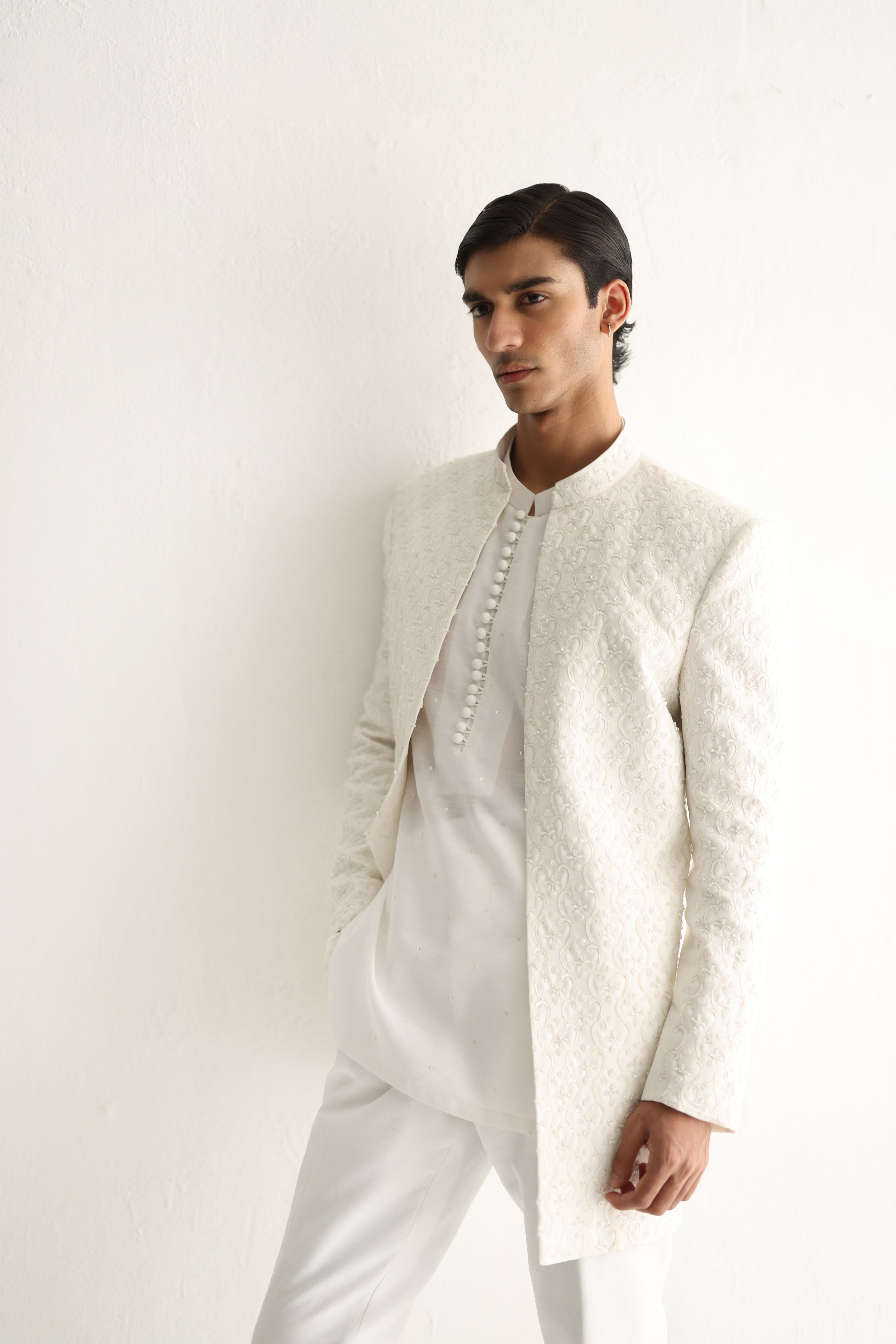 White Embossed Achkan Sherwani (2-Piece) - Image 5