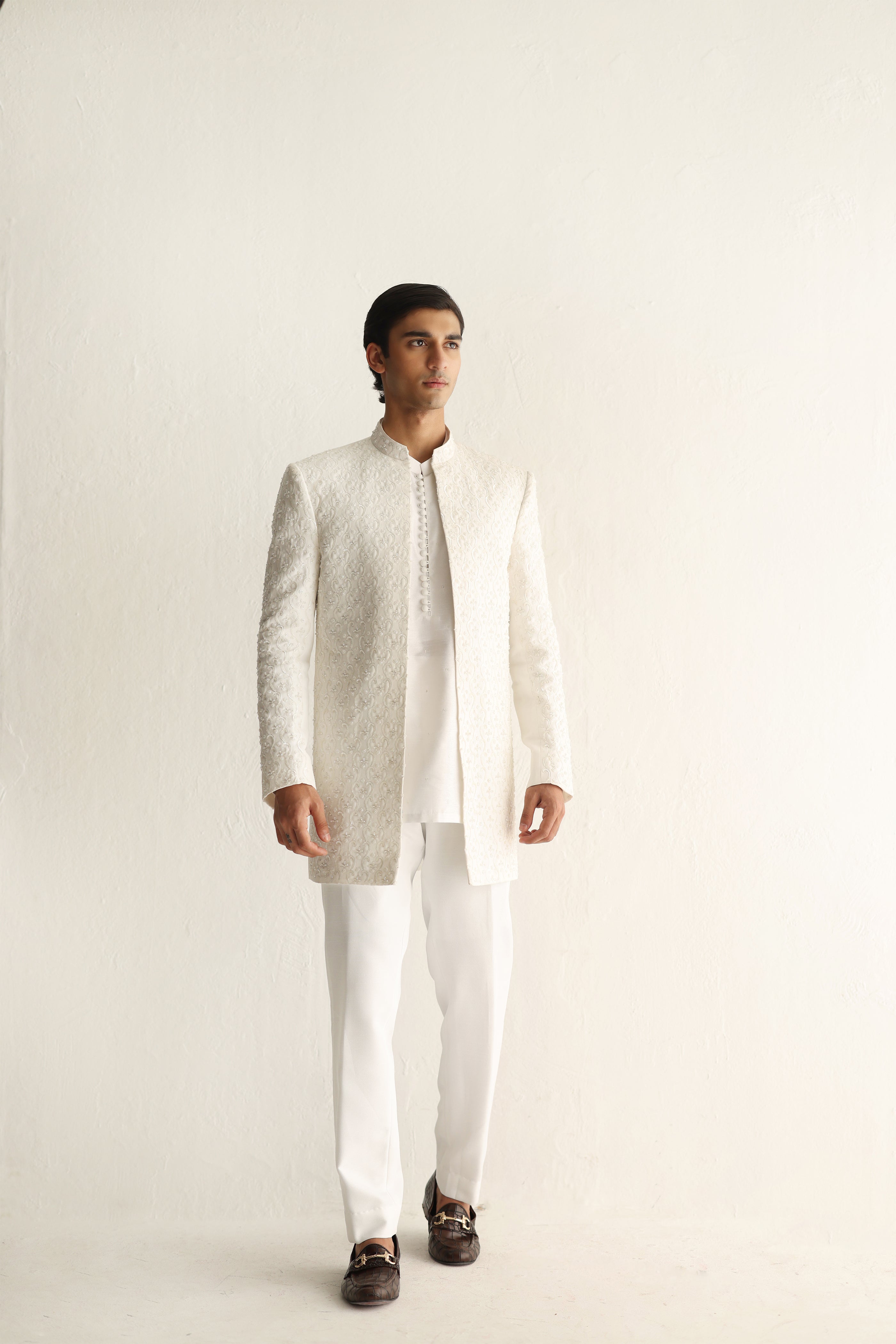 White Embossed Achkan Sherwani (2-Piece) - Image 6