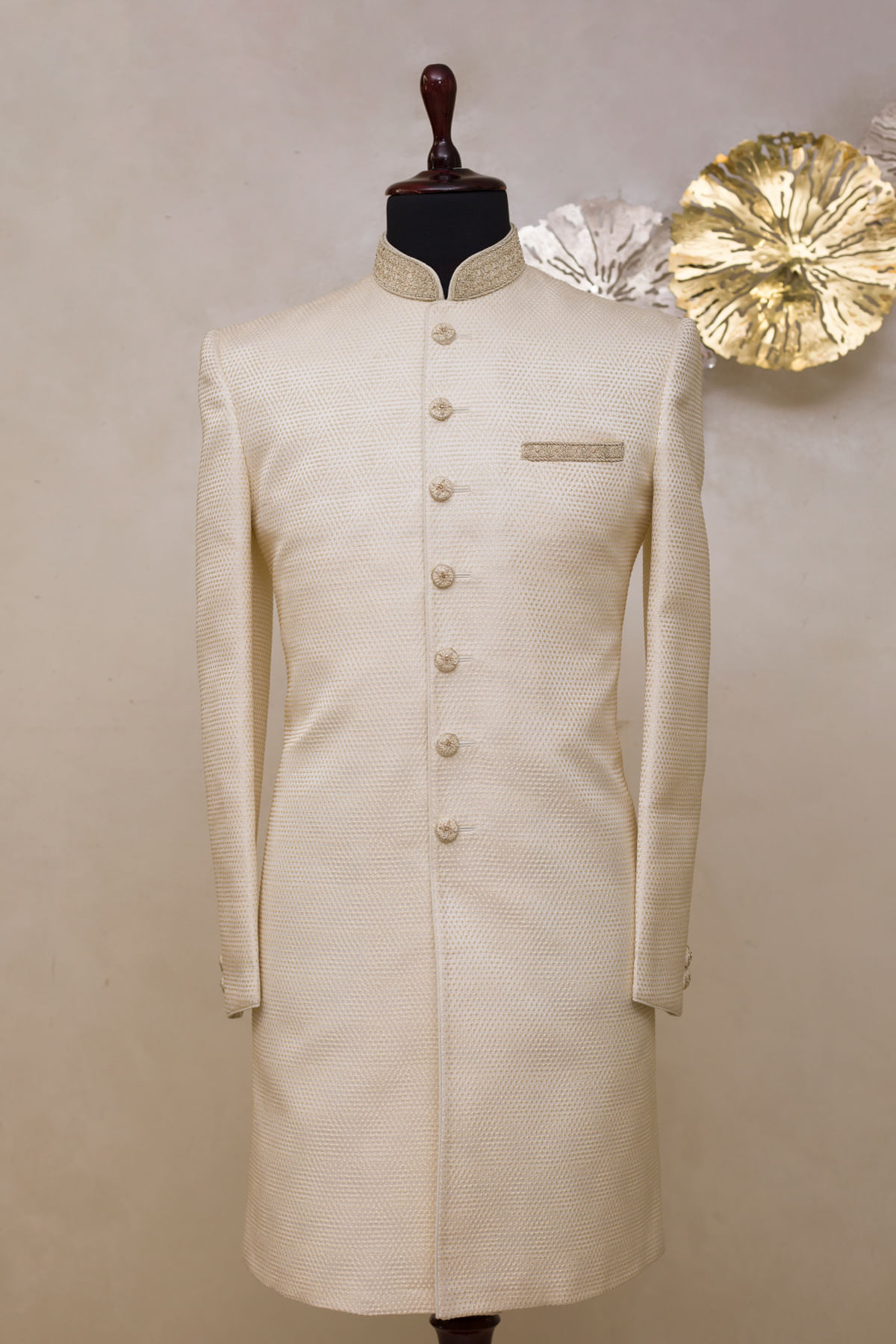 Bright White Zardosi Embroidered Silk Achkan (2-Piece) - Image 1