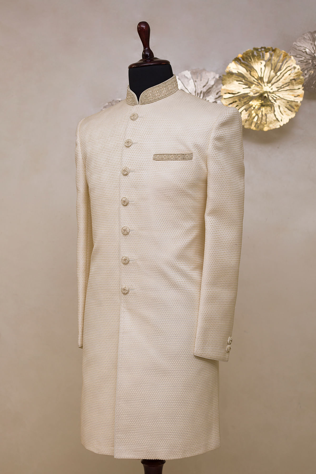 Bright White Zardosi Embroidered Silk Achkan (2-Piece) - Image 3