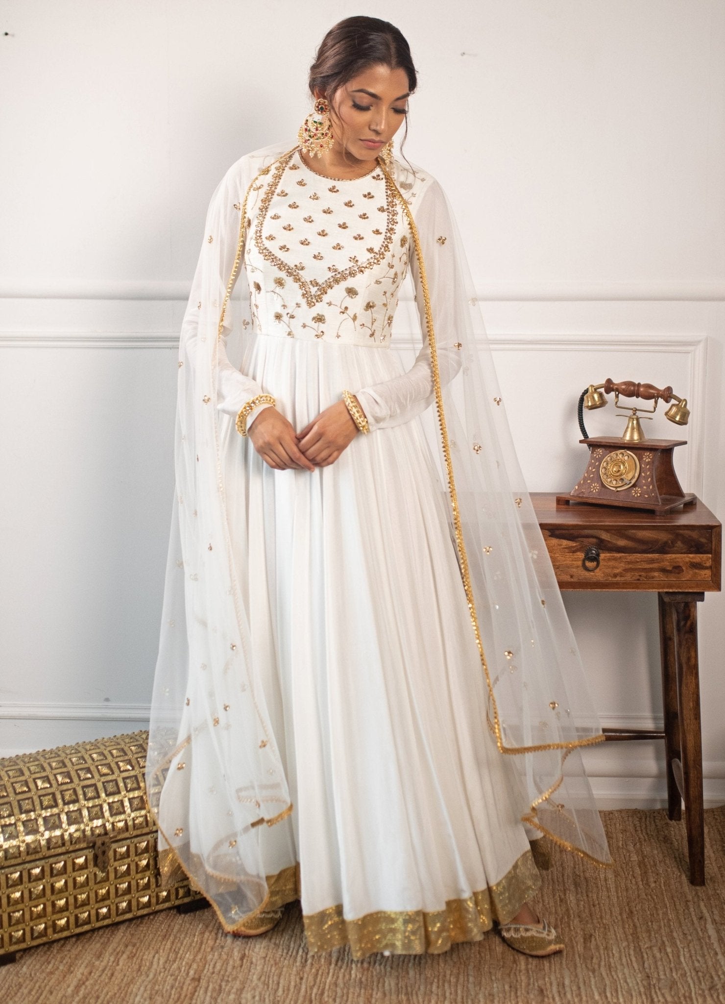White Kundan Dabka Butter Silk Anarkali (2-Piece) - Image 1