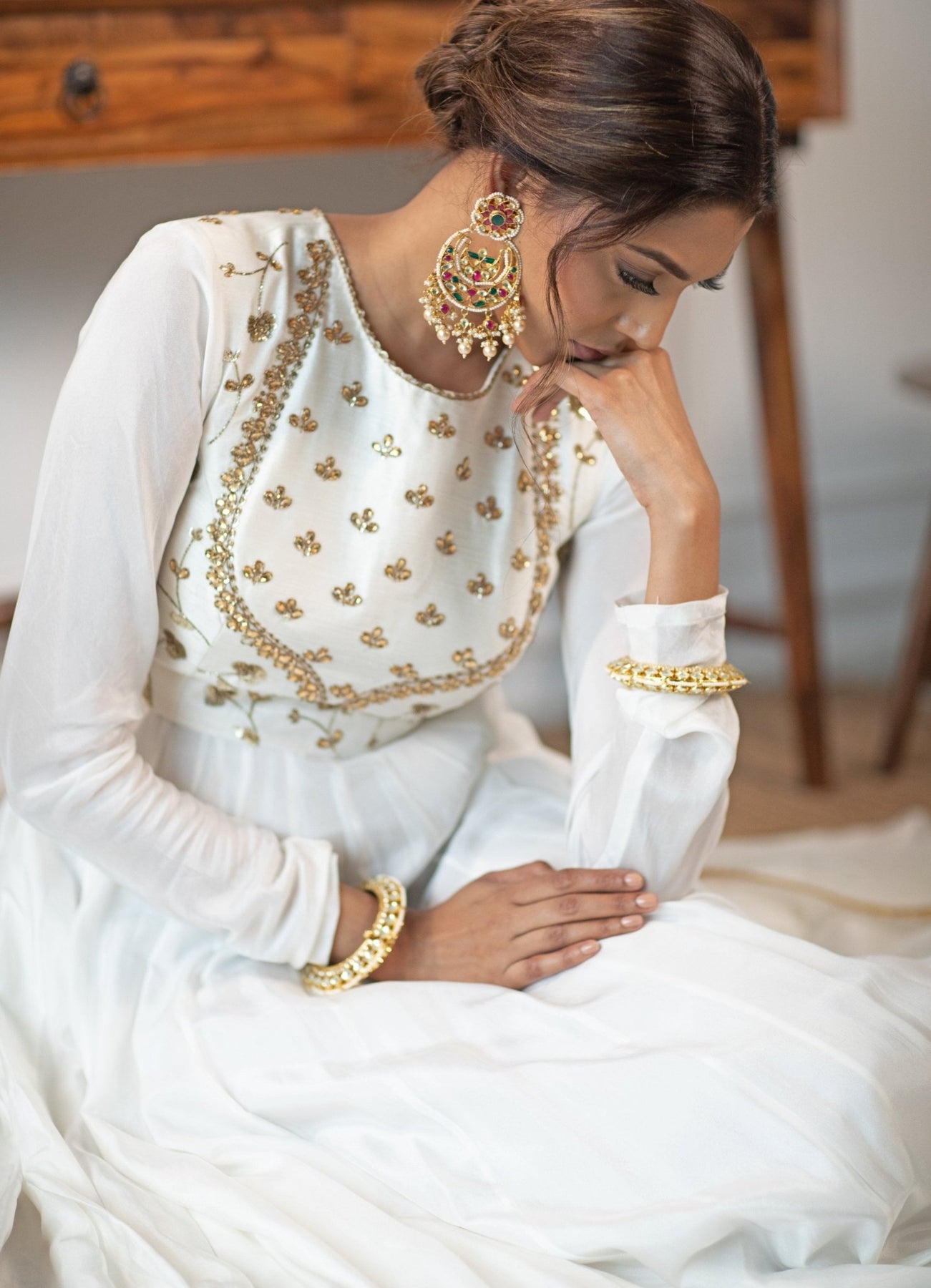 White Kundan Dabka Butter Silk Anarkali (2-Piece) - Image 3