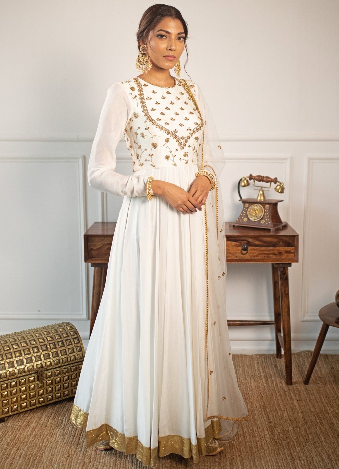 White Kundan Dabka Butter Silk Anarkali (2-Piece) - Image 7