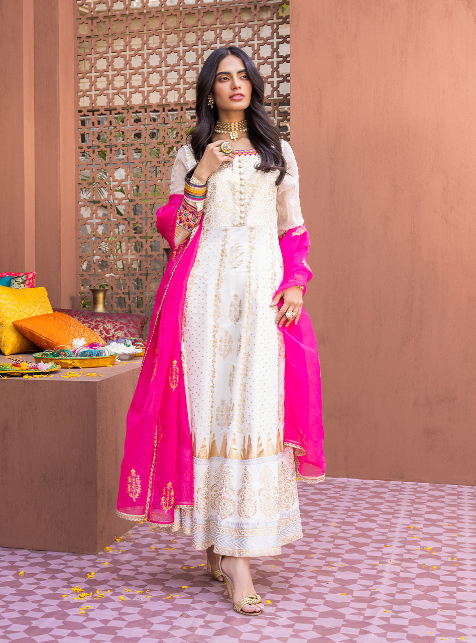 Pearly White Embroidered Chiffon Organza Anarkali (3-Piece) - Image 10