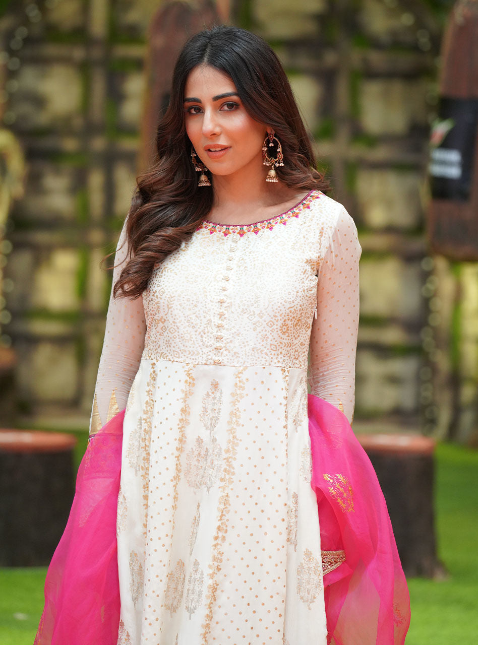 Pearly White Embroidered Chiffon Organza Anarkali (3-Piece) - Image 14