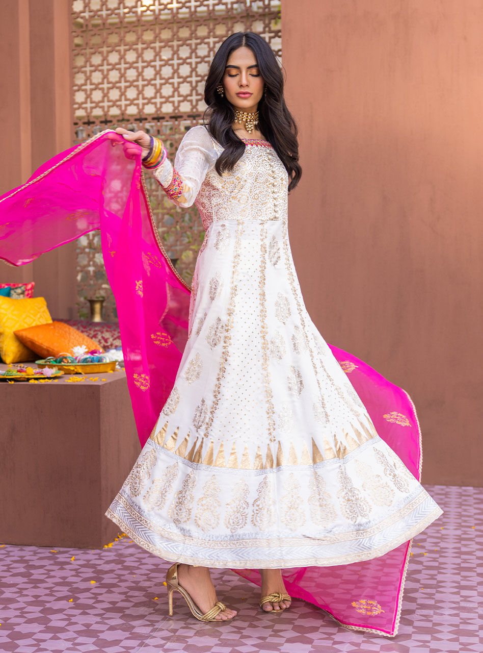 Pearly White Embroidered Chiffon Organza Anarkali (3-Piece) - Image 4