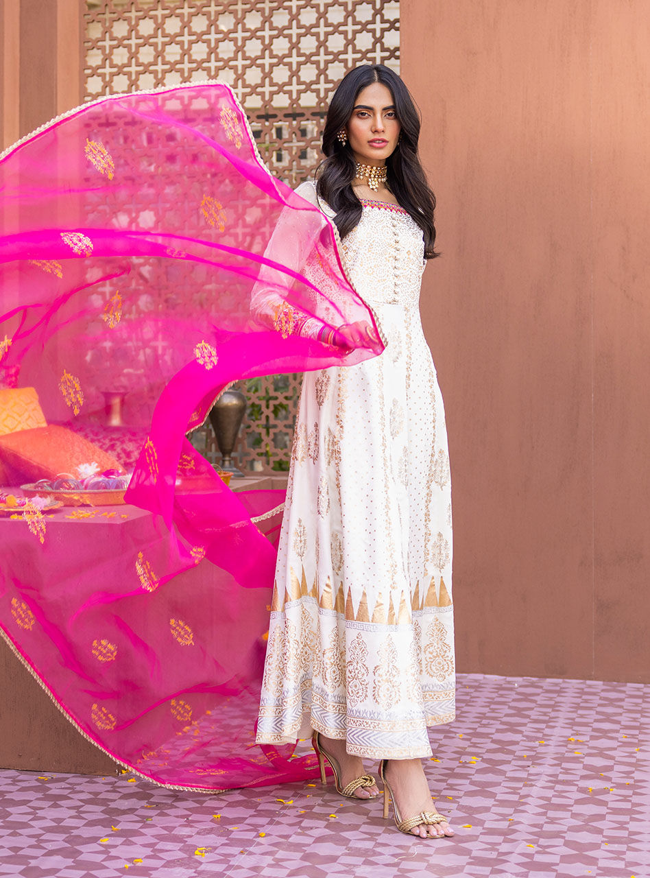 Pearly White Embroidered Chiffon Organza Anarkali (3-Piece) - Image 6