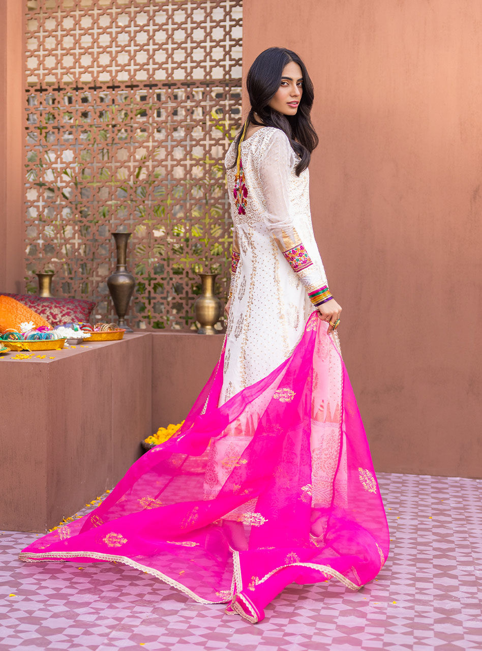 Pearly White Embroidered Chiffon Organza Anarkali (3-Piece) - Image 7