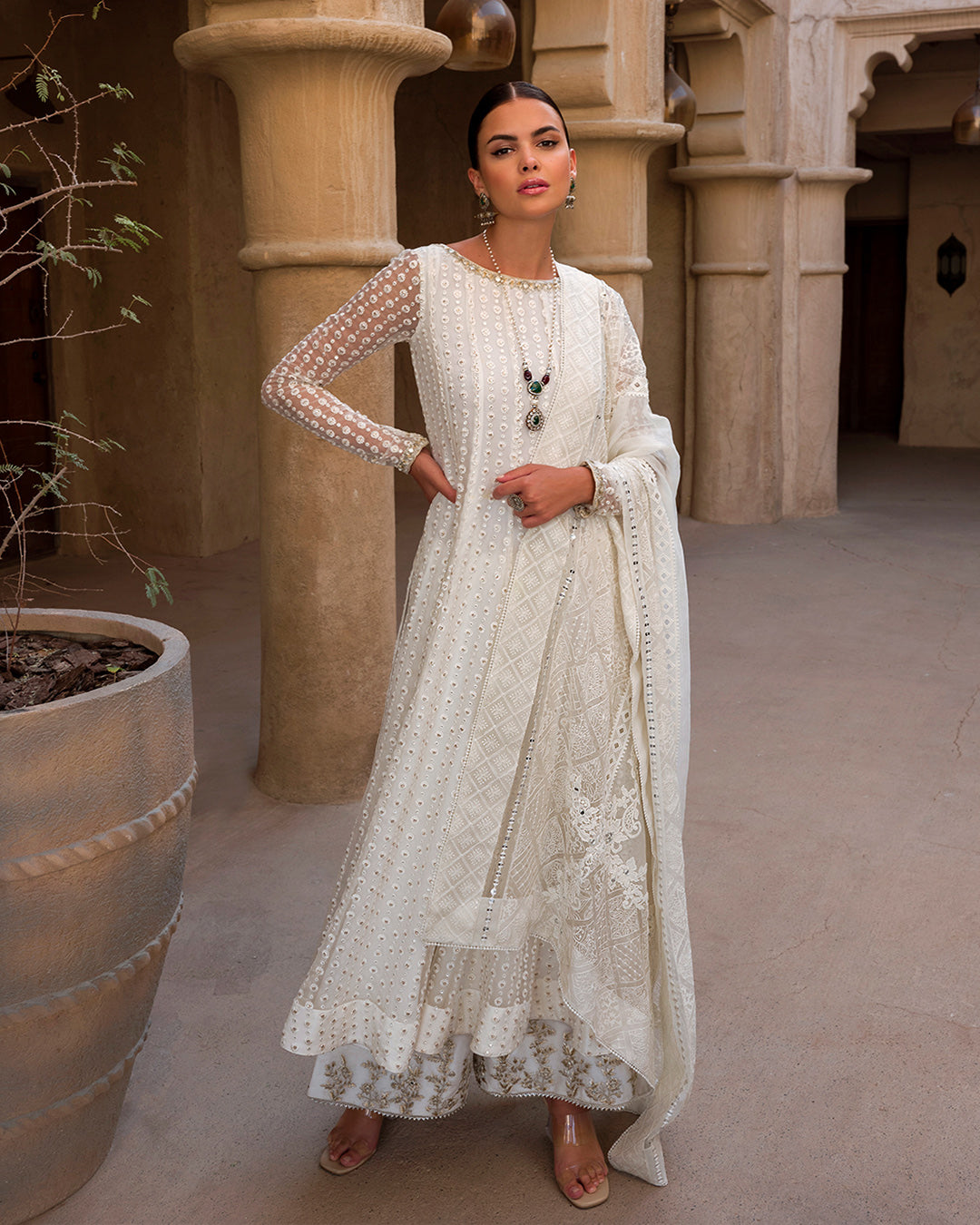 White Embroidered Chiffon Anarkali Dress (3-Piece) - Image 6