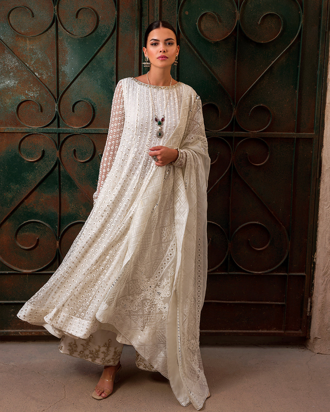 White Embroidered Chiffon Anarkali Dress (3-Piece) - Image 7