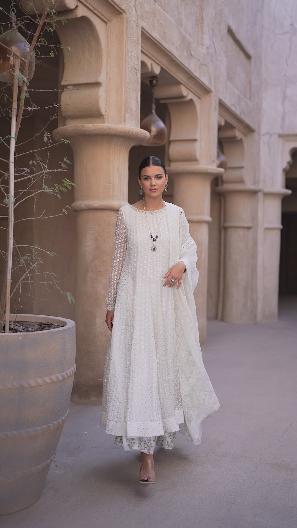 White Embroidered Chiffon Anarkali Dress (3-Piece) - Image 8