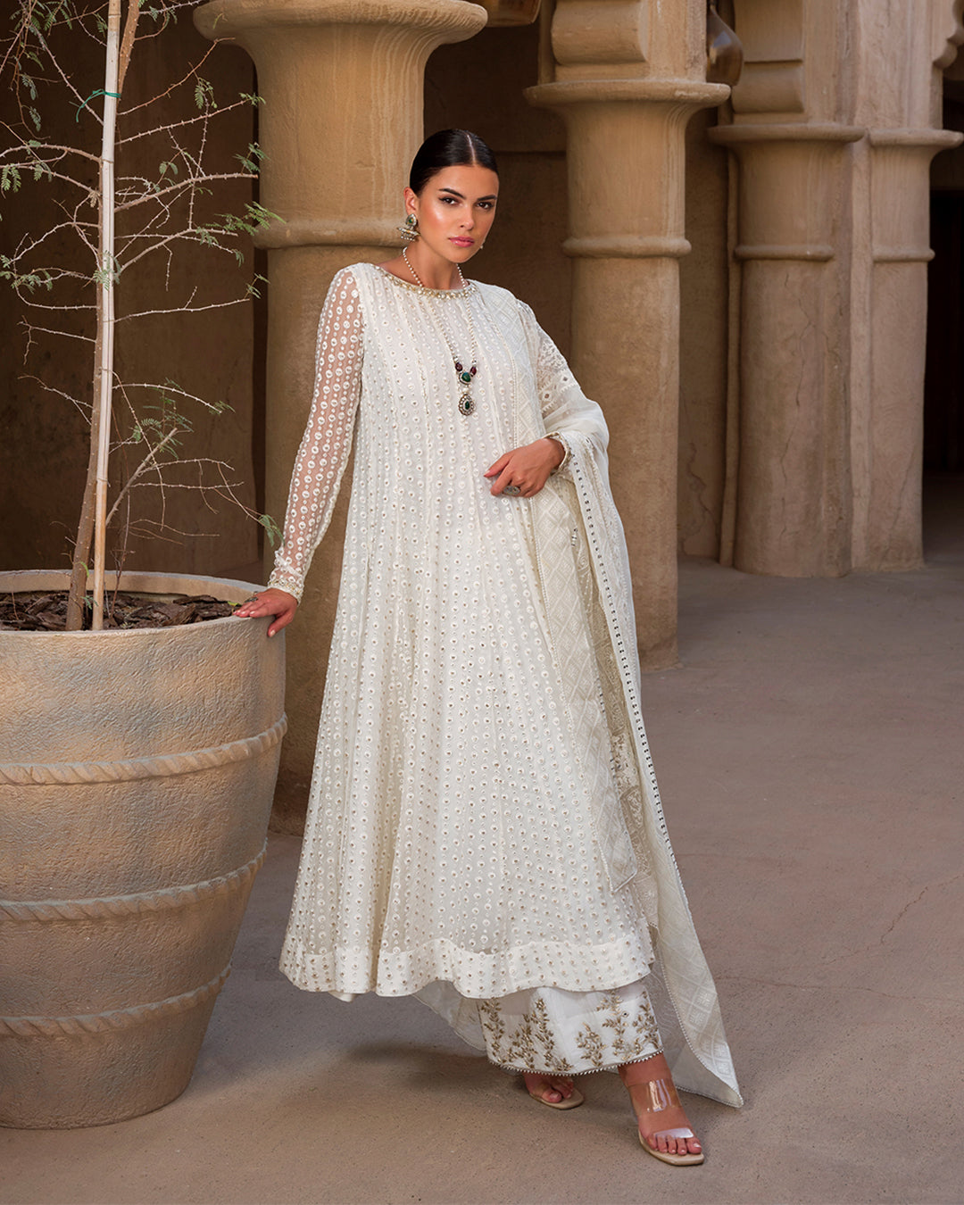Pakistani White Embroidered Chiffon Anarkali Dress (3-Piece) - Image 1